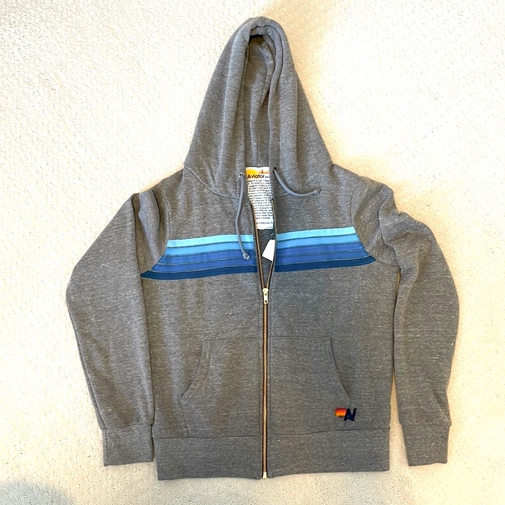 NWT Aviator Nation Grey Hoodie with Blue Stripes Size Small